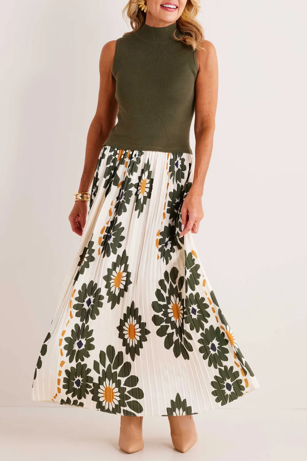 Olive Green Top with Floral Print Maxi Skirt Set