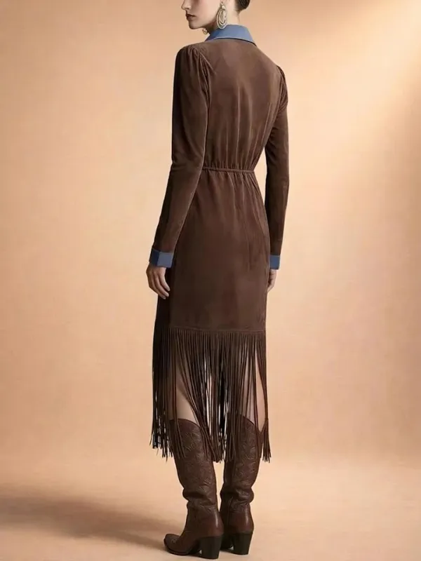 Advanced Retro Suede Leather, Women's Fringed Pleated Dress, Desert Road Travel Set