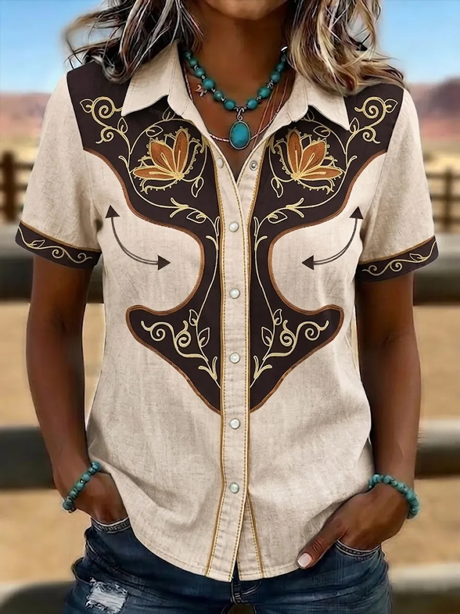 Women'S Retro Western-Style Print Short-Sleeved Shirt