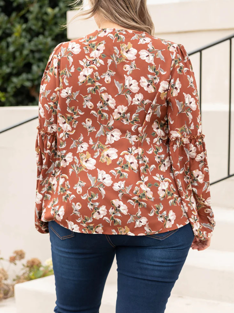 Floral Pattern Wooden Ear Edge Lantern Sleeve Shirt