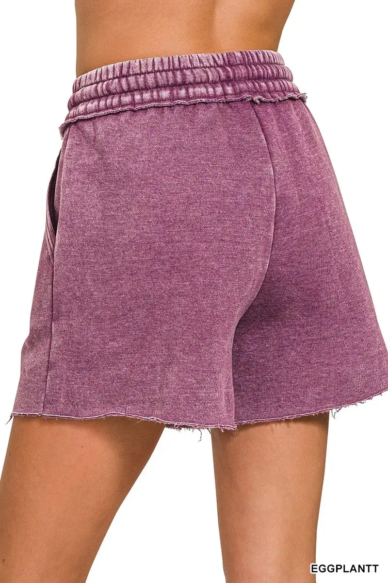 Casual Acid Wash Fleece Drawstring Shorts with Pockets
