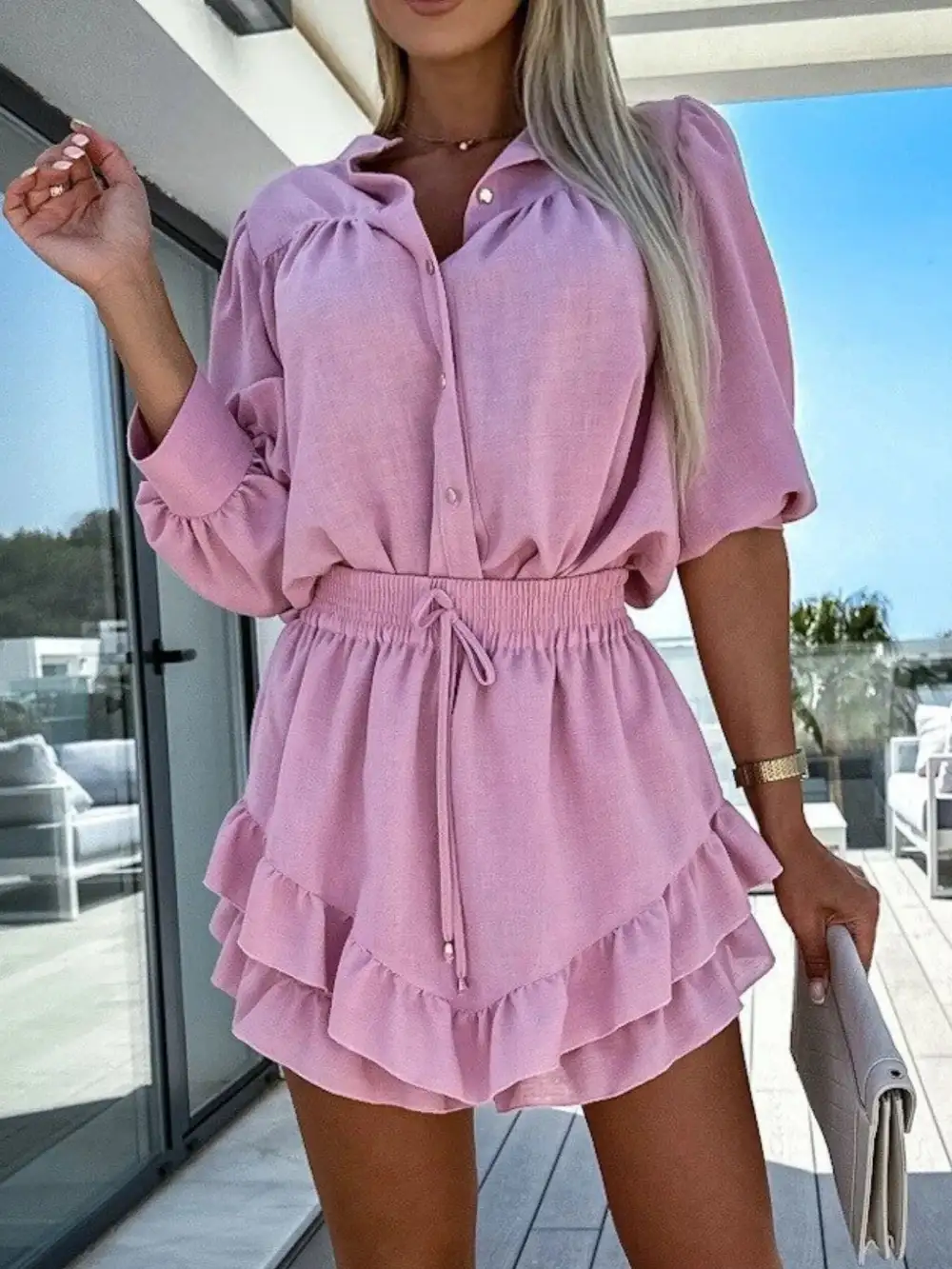 Airy Button Front Ruffle Trim Coordinated Set
