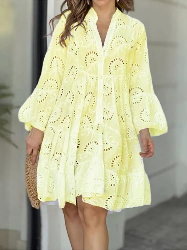Eyelet Long Sleeve Short Daily Dress