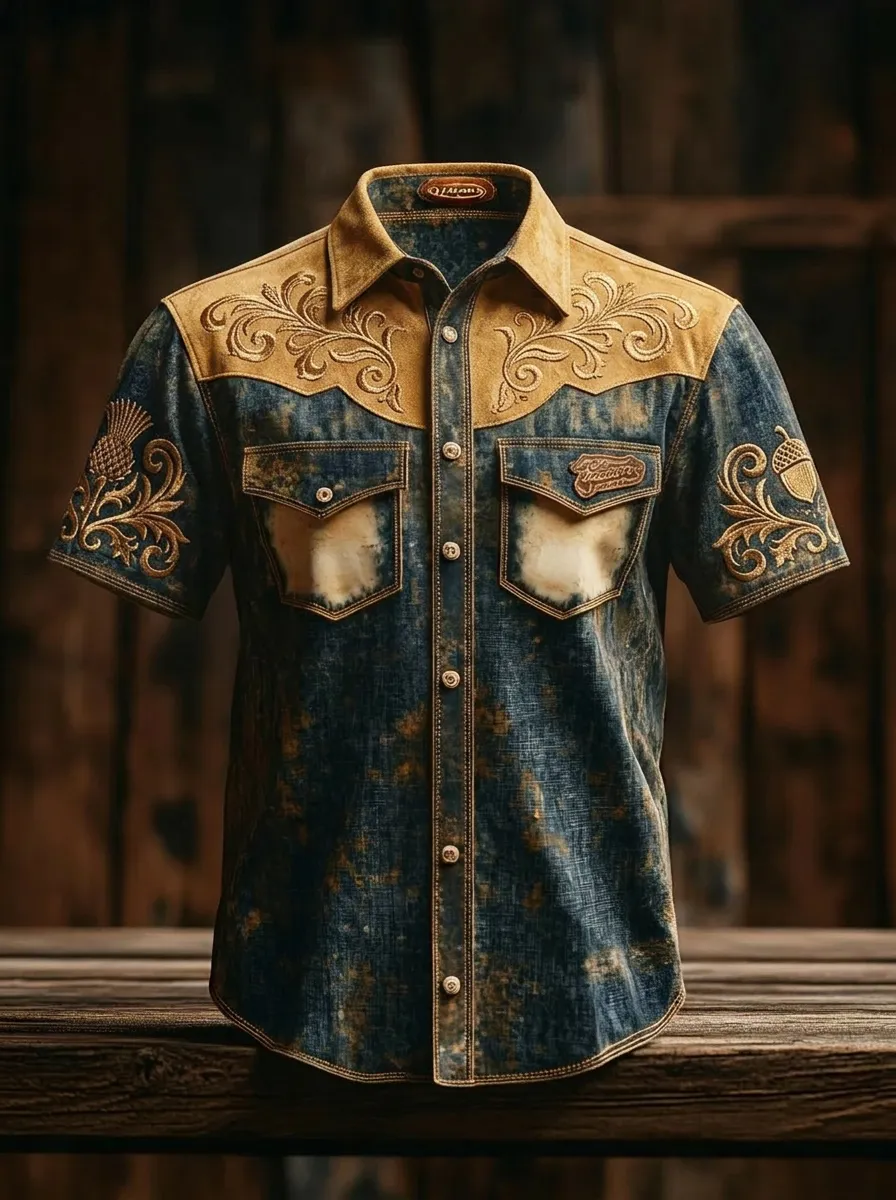 Men's Western Style Floral Embroidery Distressed Denim Printed Shirt