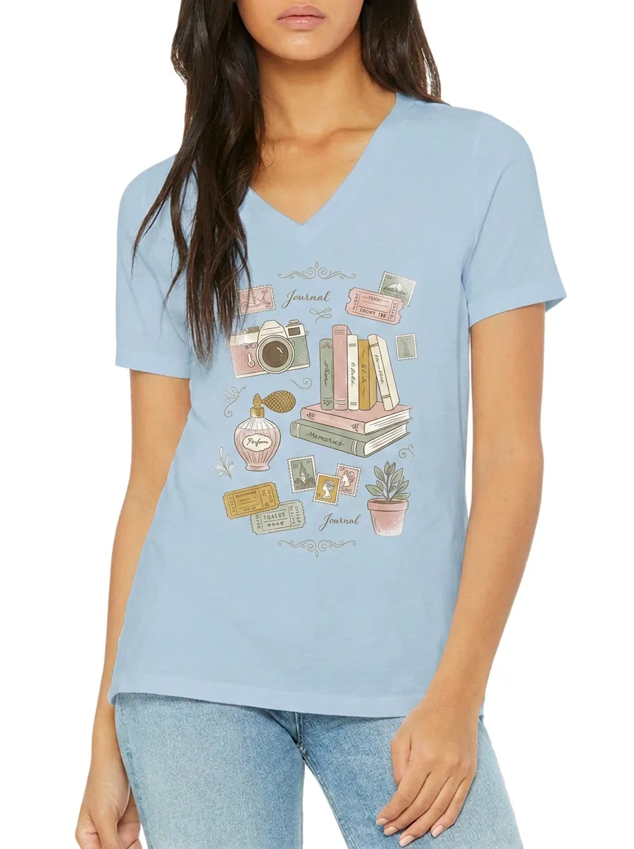 Women's Journaling Lover Vintage Stationery Printed V-Neck T-Shirt