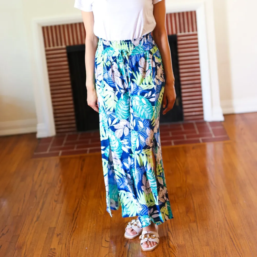 Tropical Boho Smocked Waist Side Slit Palazzo Pants