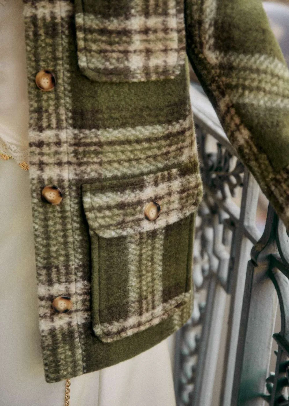 Khaki Check Checked Coat With Classic Collar