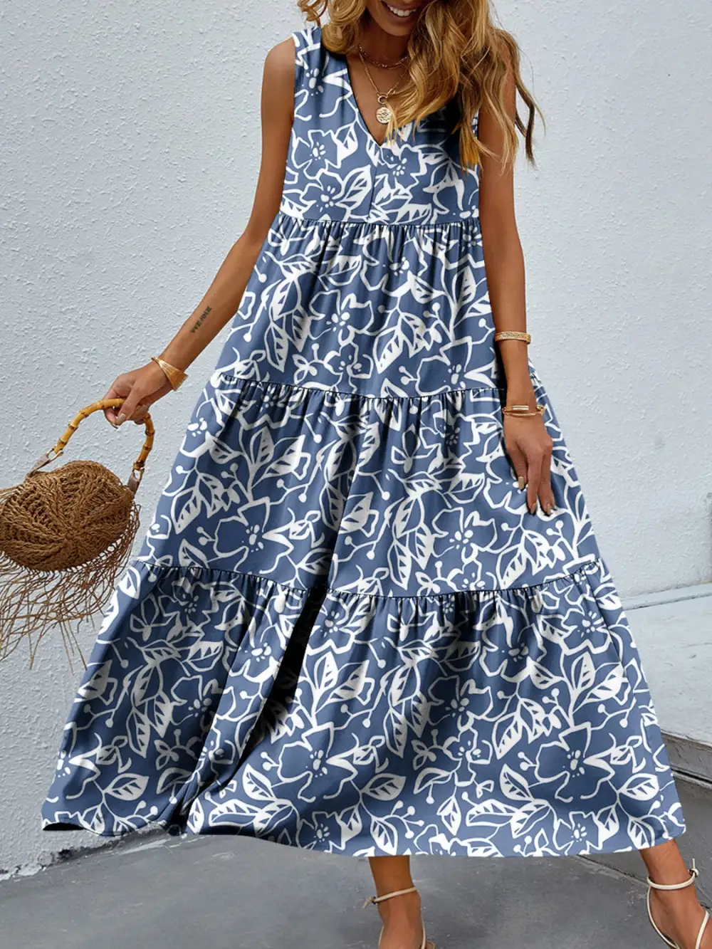 Boho Chic  Tiered Printed V-Neck Sleeveless Dress