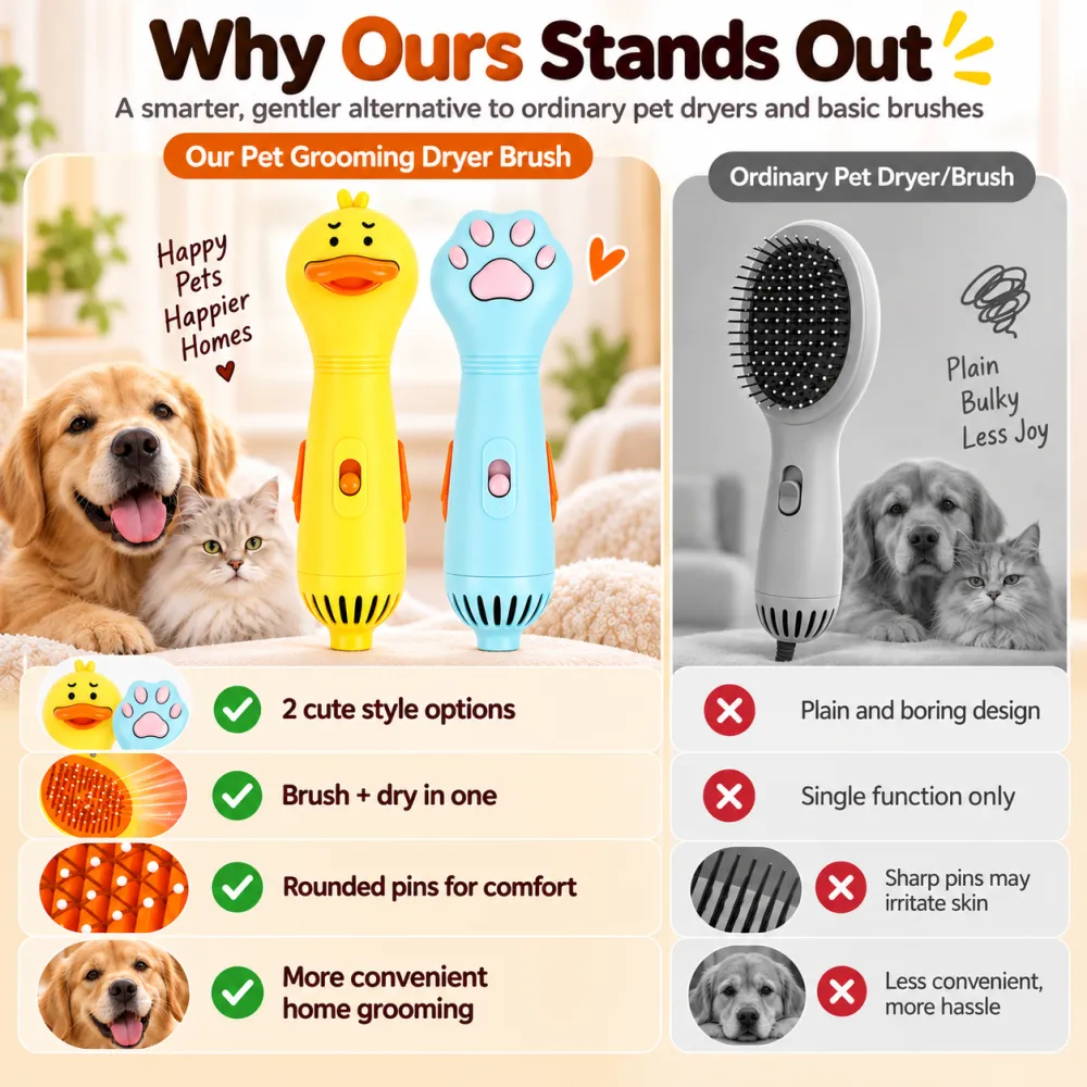 Pet Hair Dryer Brush for Cats & Dogs - Electric Blow Grooming Comb, Compact, Removes Loose & Floating Hair