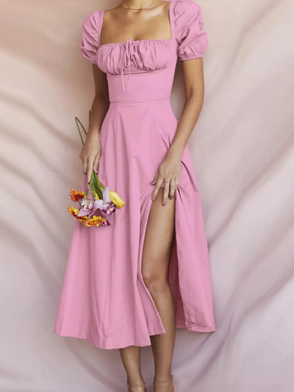 Slit Puff Sleeve Midi Dress
