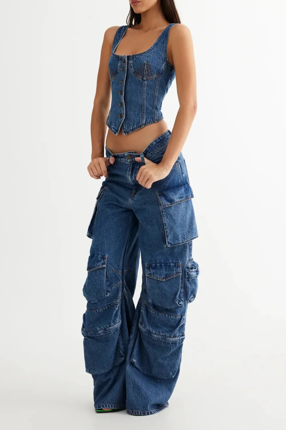 Trendy Workwear Style Multi-Pocket Jeans