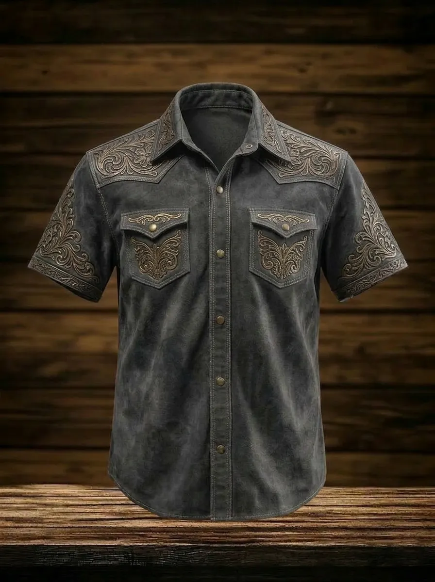 Men's Western Cowboy Floral Embossed Printed Shirt