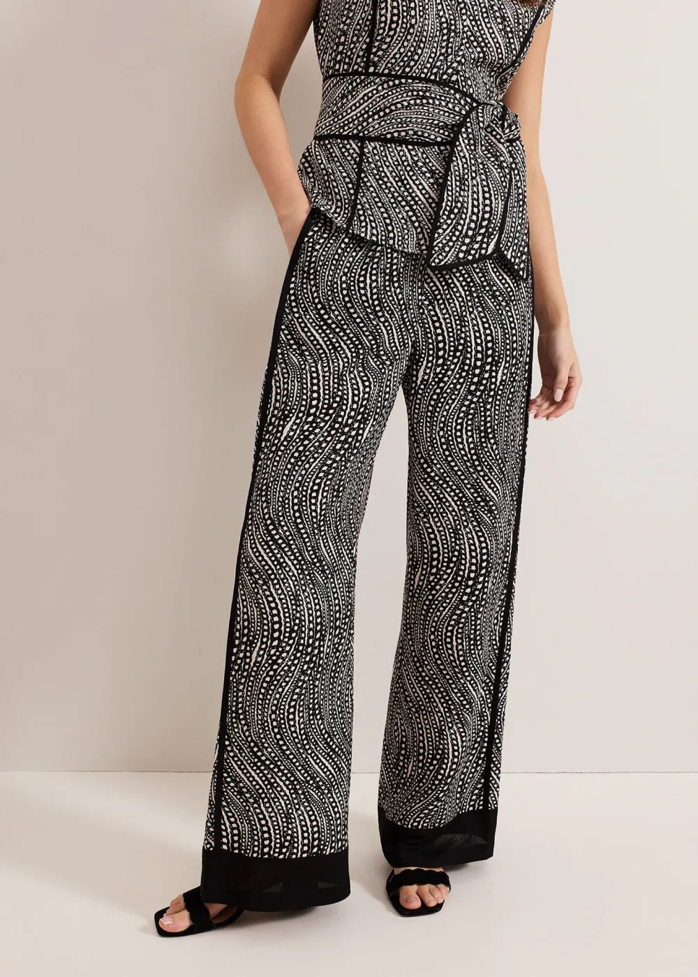 Black And White Dense-Print Wide-Leg Pants