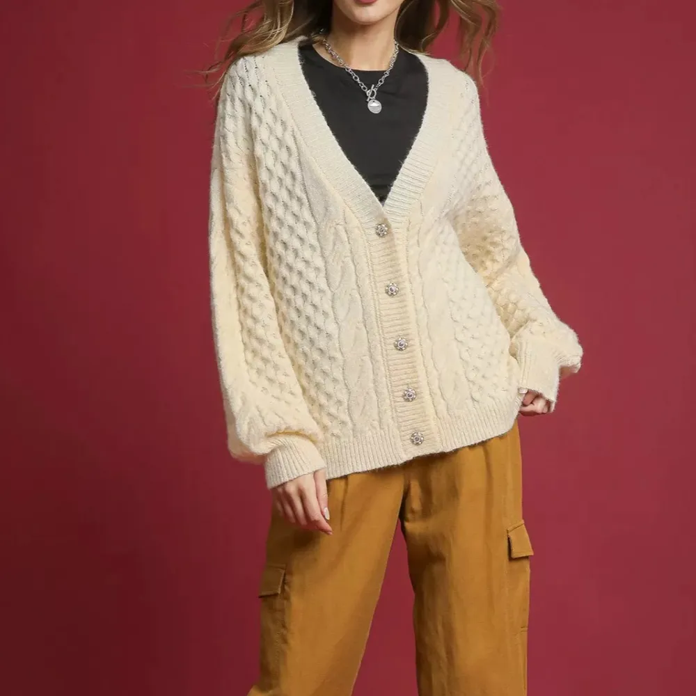 Cable-Knit Pearl Button Cardigan
