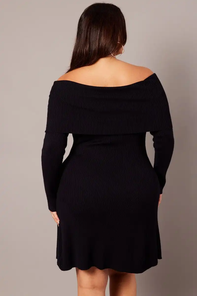 Black Off Shoulder Knit Mini Dress