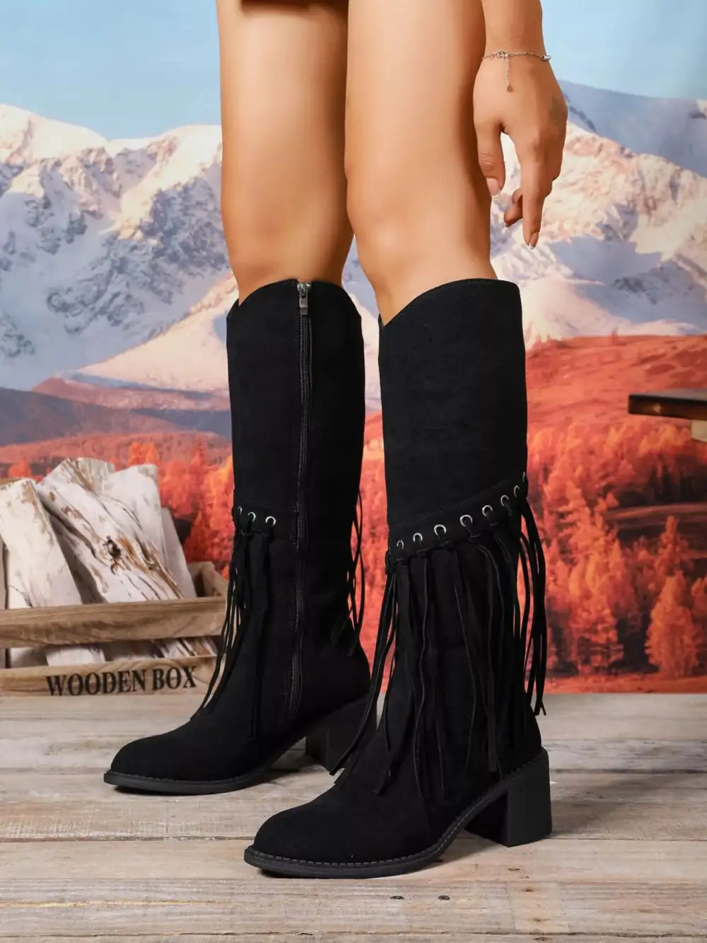 Textured Fringe Point Toe Block Heels Boots