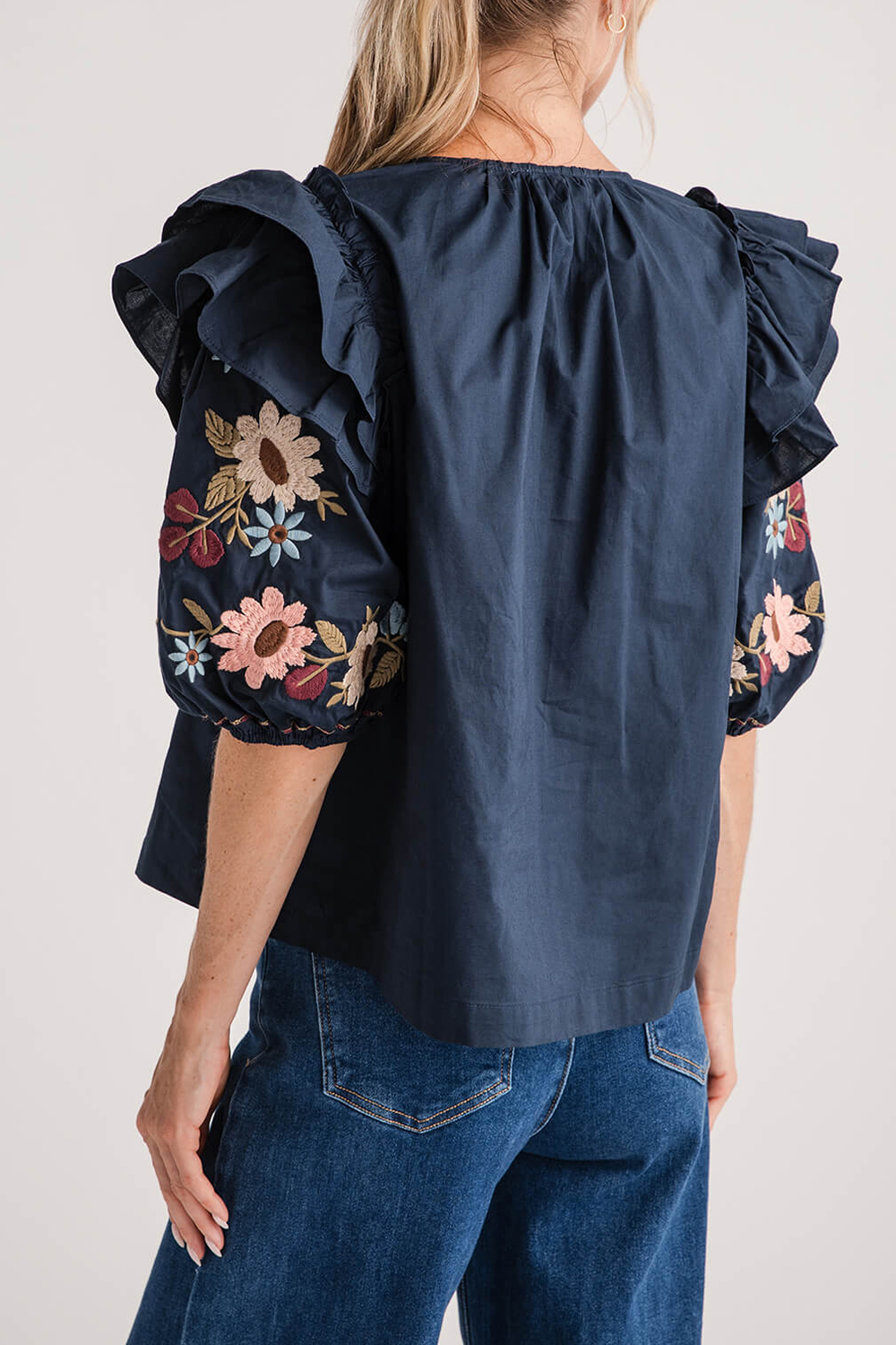 Mable Embroidered Ruffle Shoulder Puff Sleeve Blouse - navy