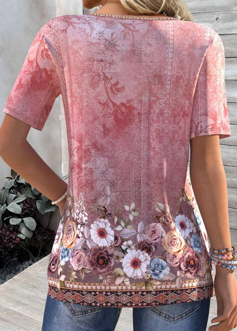 Deep Red Tuck Stitch Ombre Short Sleeve T Shirt