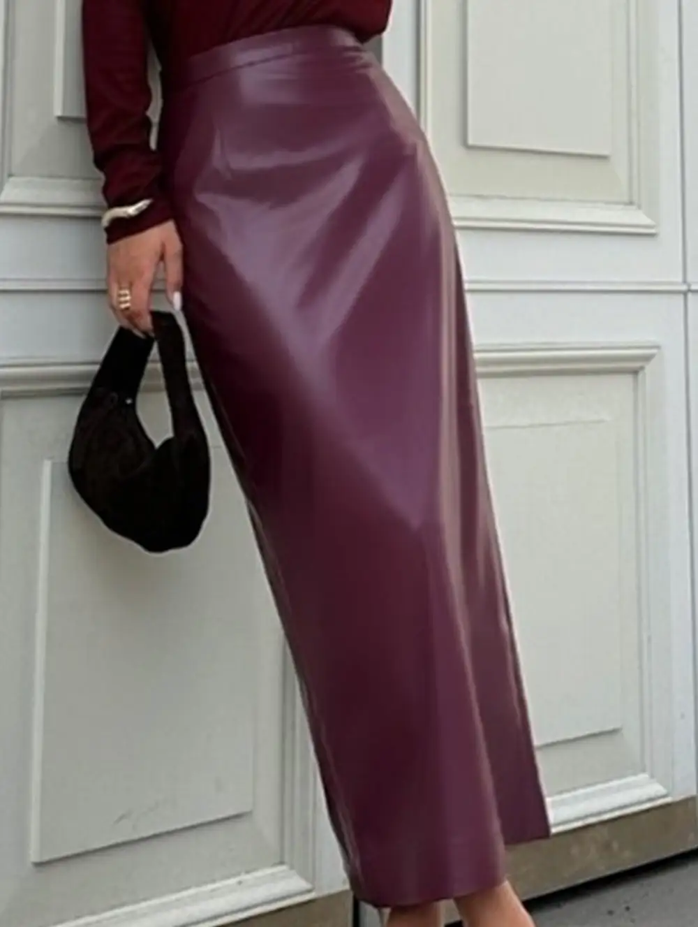 Leather Look Pencil Slit Midi Skirt