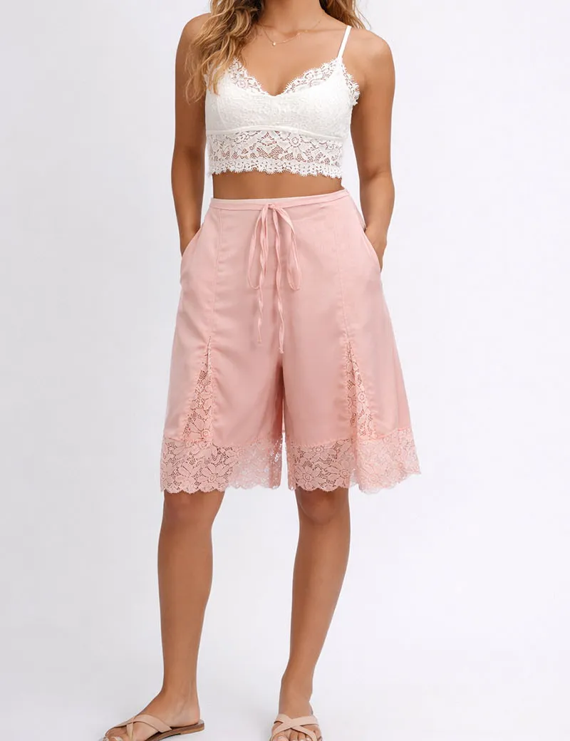 Boho Lace Hem Drawstring Waist Wide Leg Shorts