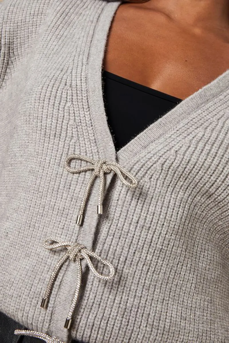 Casual Style Crystal Bow Button Grey Marl Sweaters