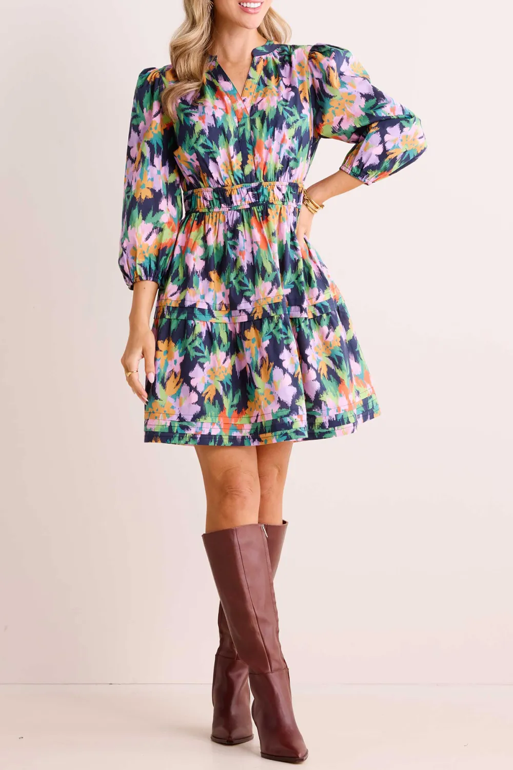 Floral Print Long Sleeve Tiered Dress