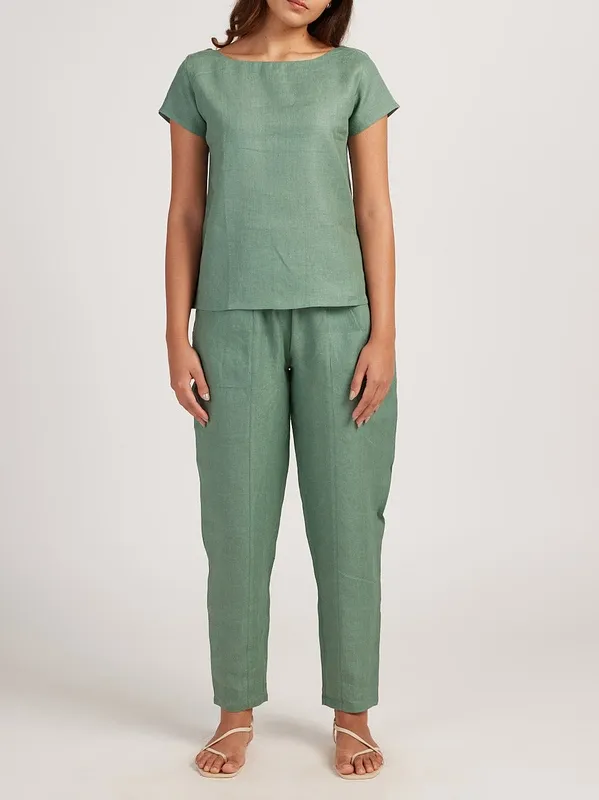 Sage Green Linen Boat-Neck Top