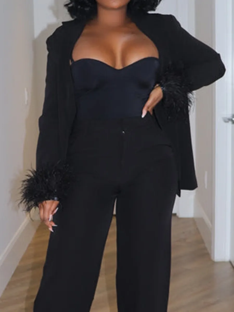 Black Feather Decorated Suit Pants Set