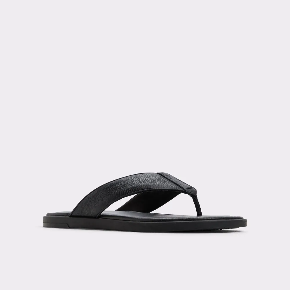Open Toe Black Pebbled Leather Flip Flops