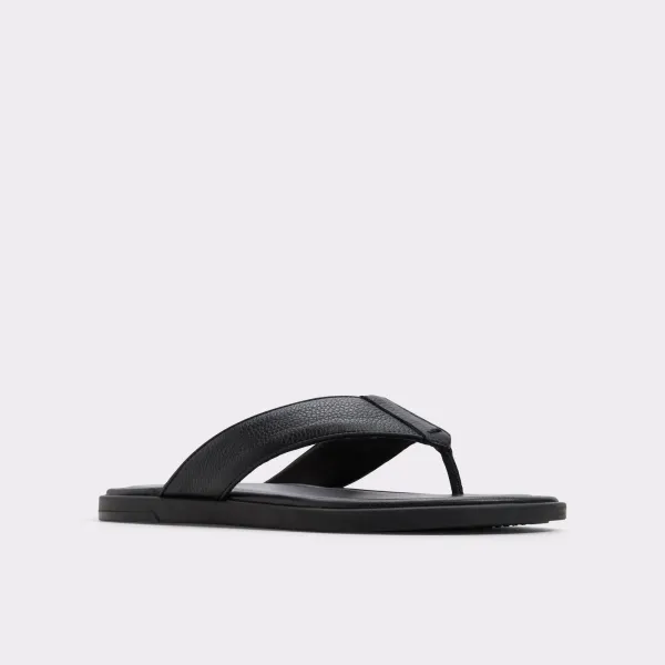 Open Toe Black Pebbled Leather Flip Flops