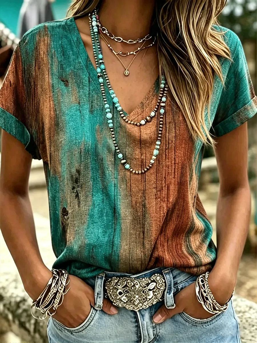 Women's Casual Western Style V-Neck T-Shirt