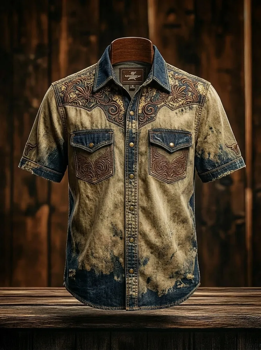 Men's Western Style Floral Embroidery Acid Wash Printed Shirt-2