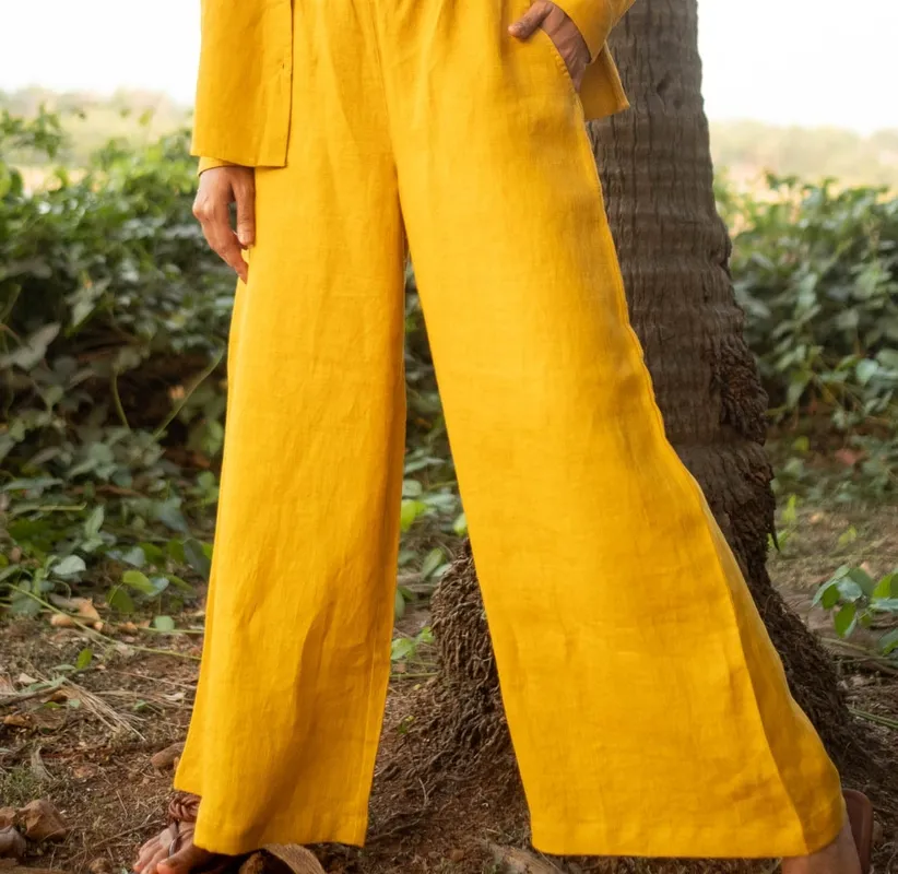Mustard Linen Matching Set with Button-Up Shirt & Oversized Pants