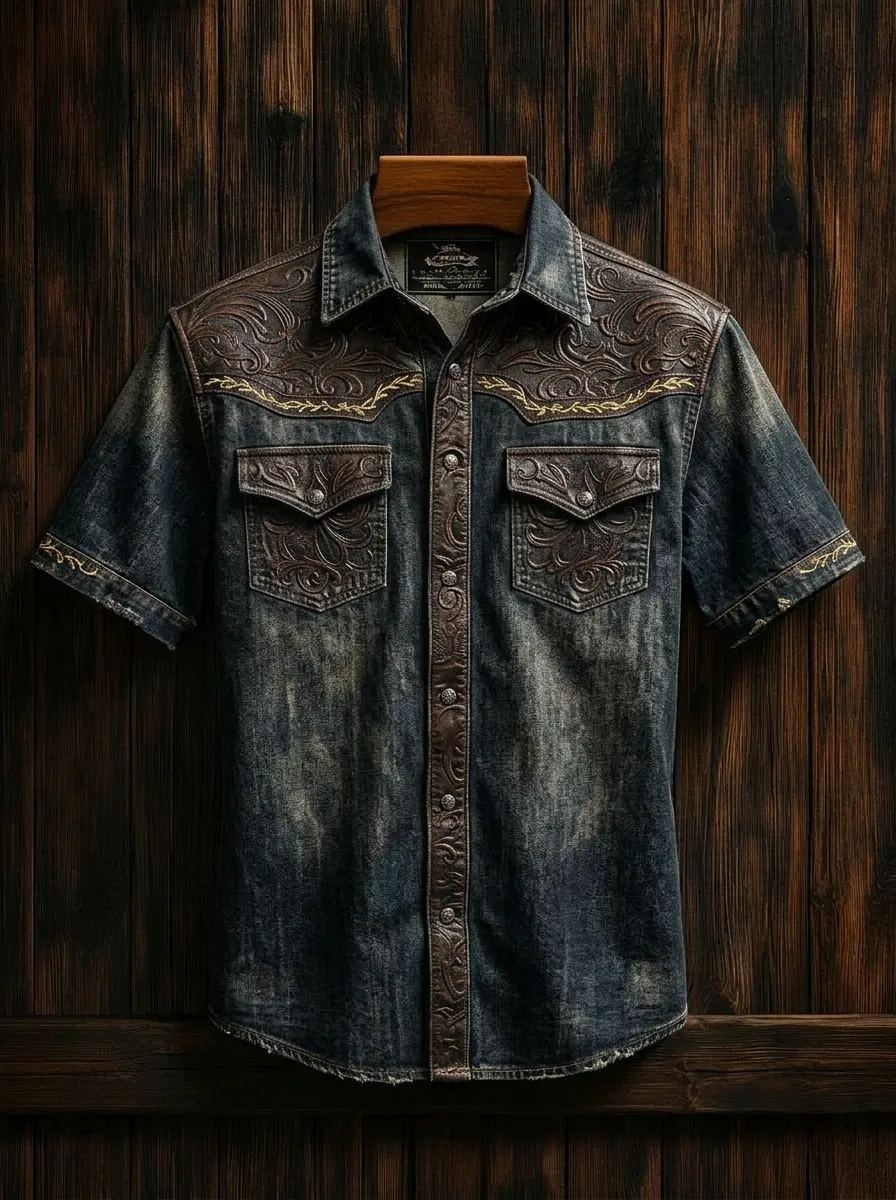 Men's Western Style Floral Leather Embossed Printed Shirt