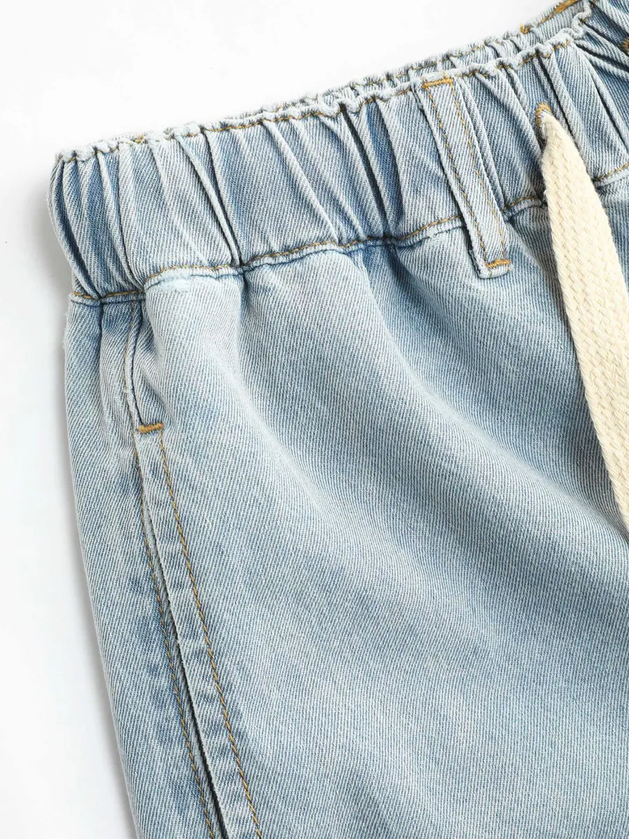 Denim High Waist Solid Tie Front Wide Leg