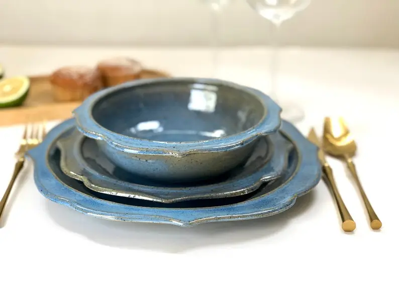 Blue dinnerware set.