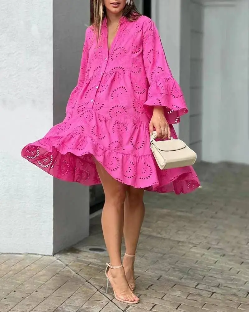 Eyelet Long Sleeve Short Daily Dress