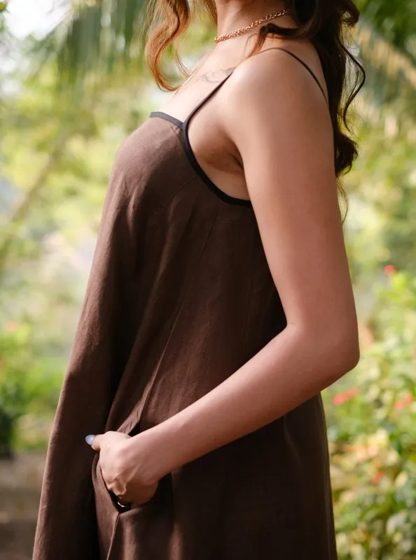 Walnut Brown Linen Flowy Maxi Dress
