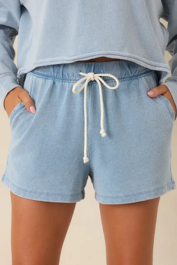 Medium Wash Cotton Blend Knit Denim Shorts