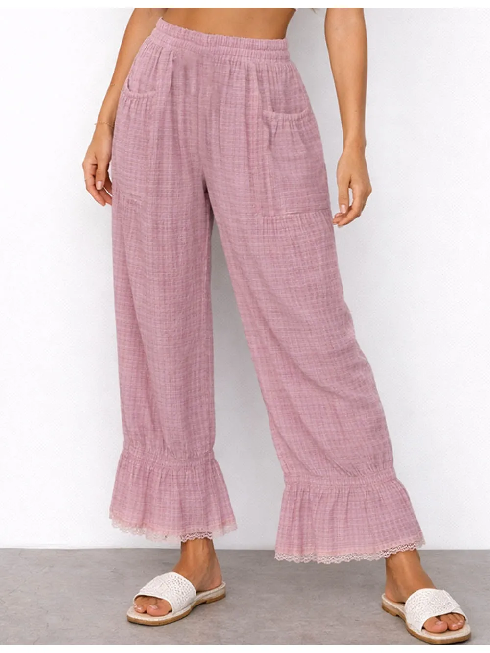 Elastic Waist Lace Hem Pocket Lantern Pants