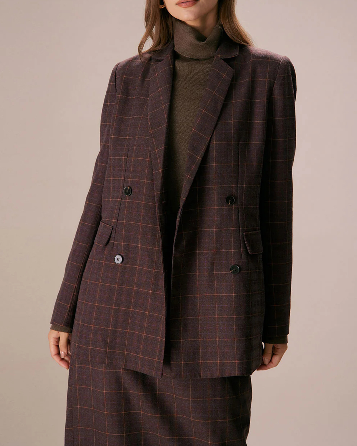 The Coffee Lapel Double Breasted Plaid Blazer