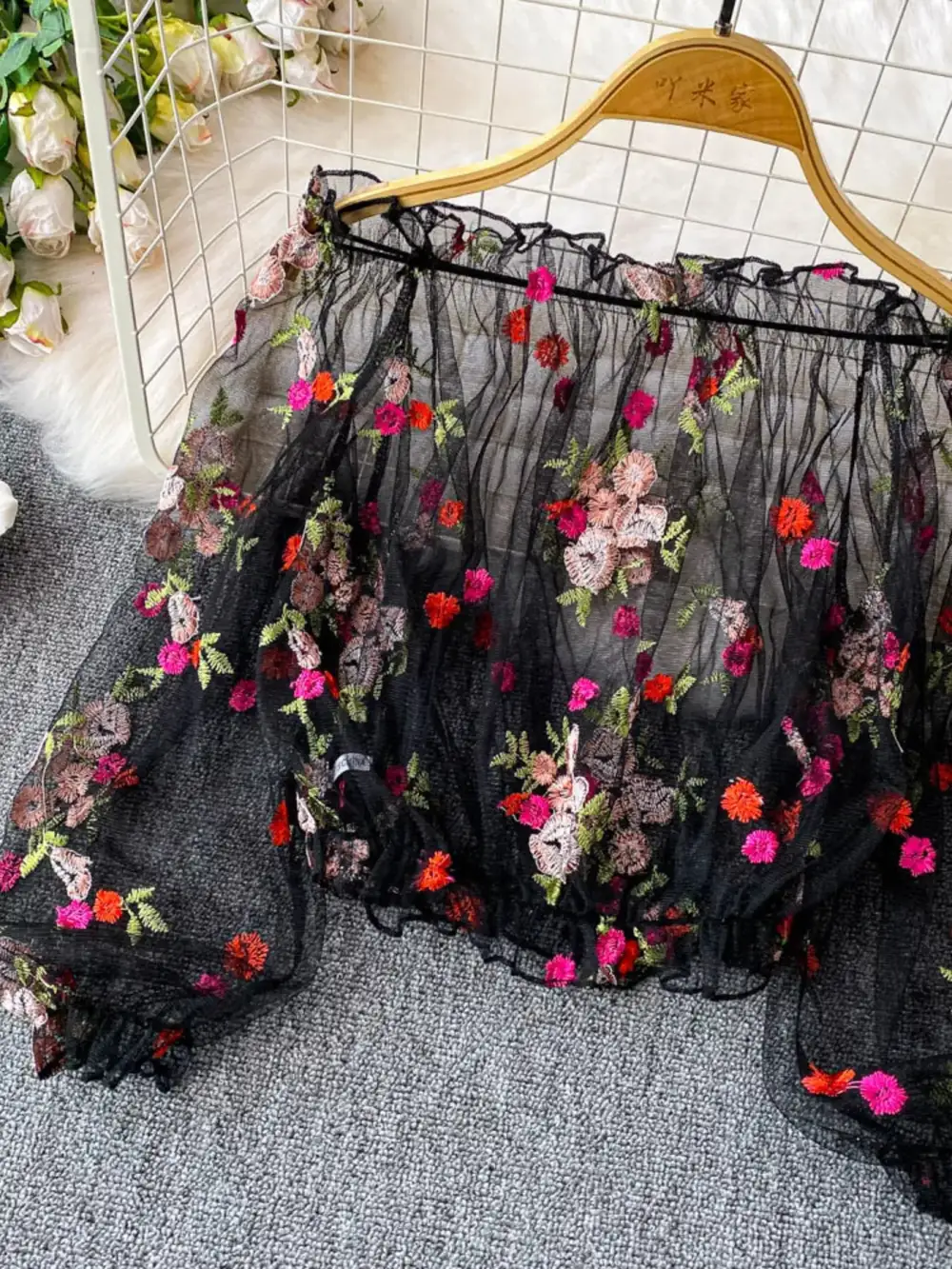 Floral Embroidered Mesh Shoulder Top