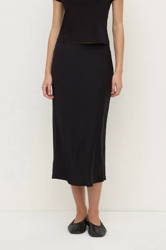 Black Bias-Cut Silk Midi Skirt