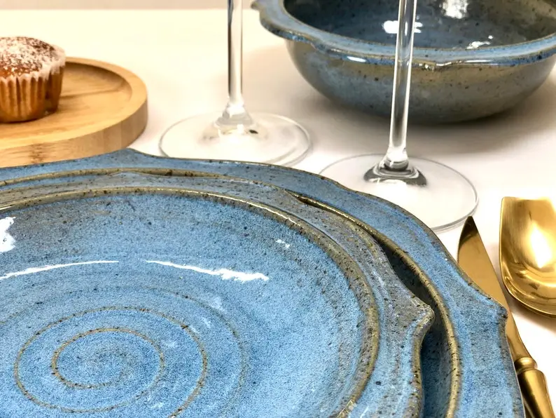 Blue dinnerware set.