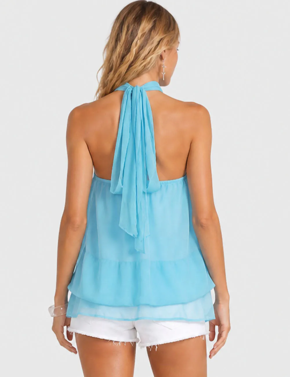 Chiffon Stand Neck Solid Color Ruffle Hem Sleeveless Top