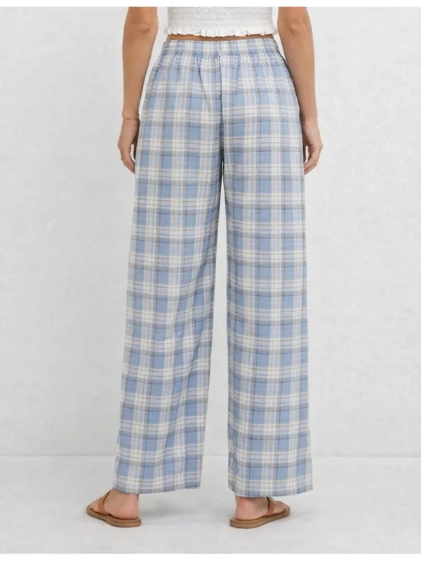 Checked Elastic Waist Drawstring Wide Leg Pants