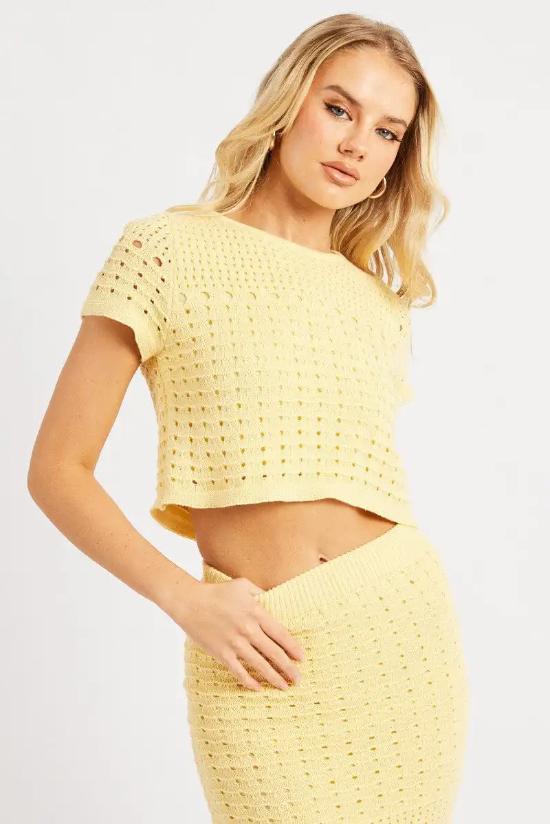 Yellow Knit Top Short Sleeve Crew Neck