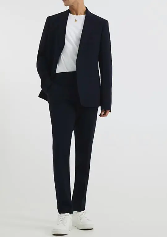 Men's Tight Fit Stylish Business Casual Navy Blue Suit Jacket