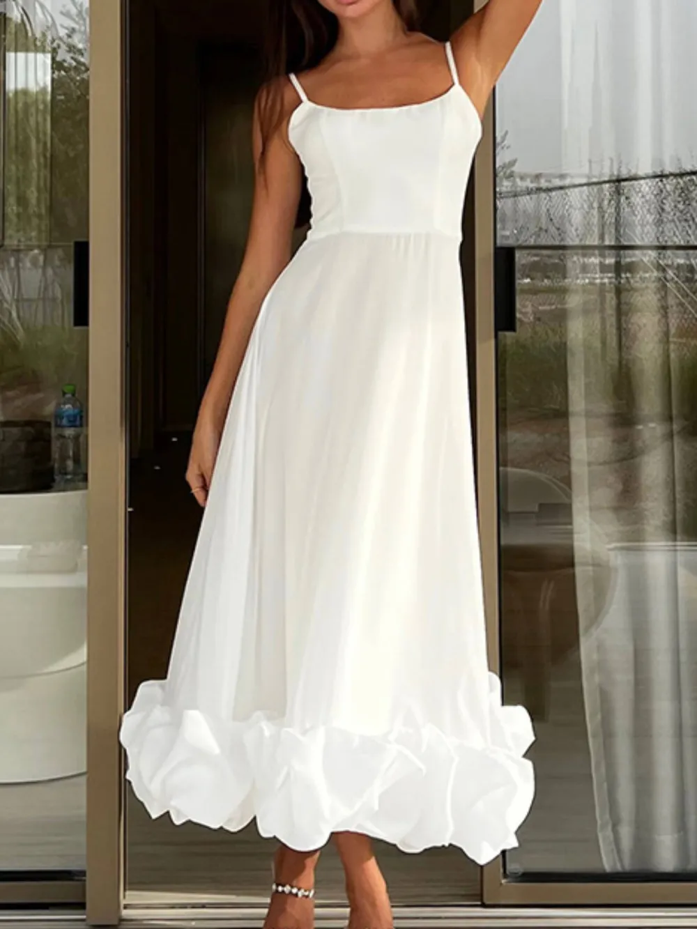 Scoop Neck Ruffle Midi Dress