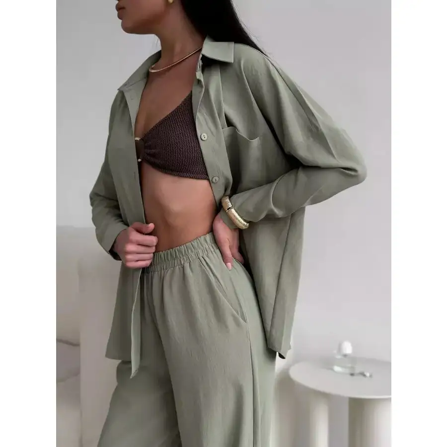 Button Up Long Sleeve Shirt and Pants Set